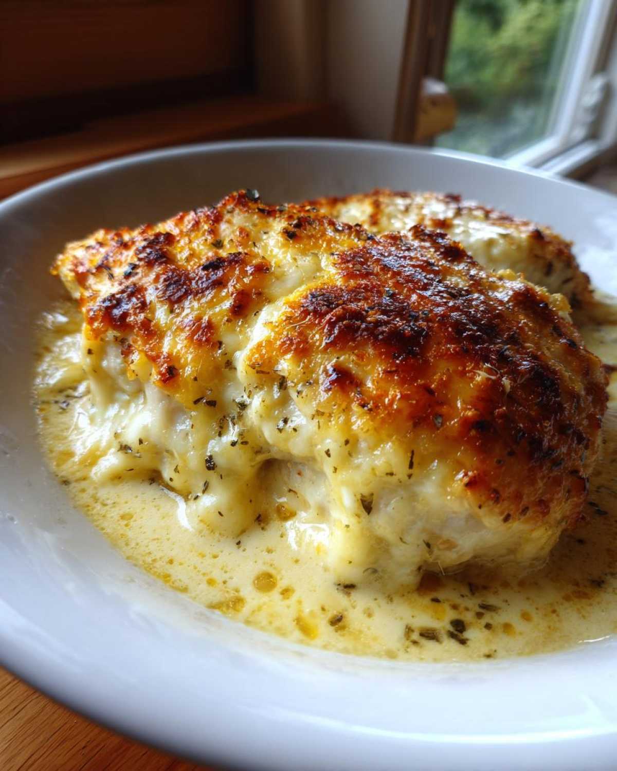 Close-up of a juicy Garlic parmesan chicken bake with a bubbly, golden-brown cheese crust swimming in creamy sauce.