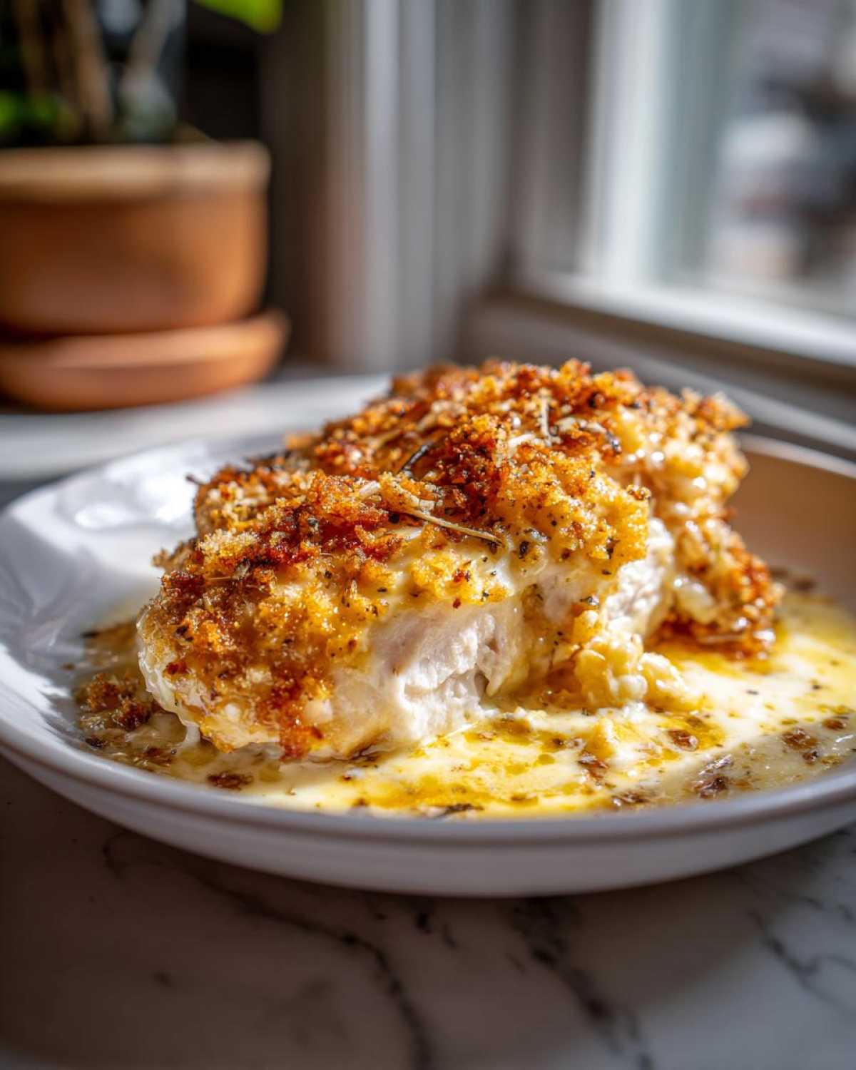 Close-up of a cooked chicken breast from the Garlic parmesan chicken bake, showing a crispy topping and creamy sauce.