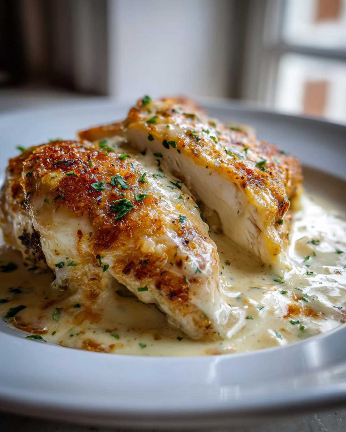 Close-up of a perfectly cooked Garlic parmesan chicken bake breast, sliced open and covered in creamy sauce and parsley.