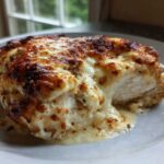 A juicy slice of Garlic parmesan chicken bake with a golden-brown, bubbly cheese topping.