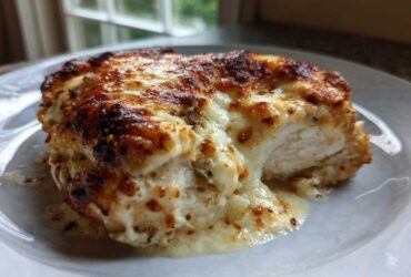 A juicy slice of Garlic parmesan chicken bake with a golden-brown, bubbly cheese topping.