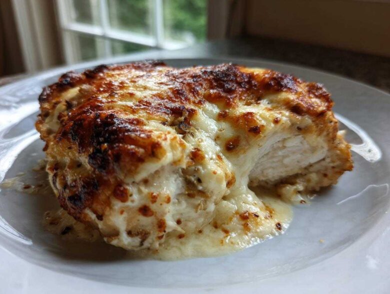 A juicy slice of Garlic parmesan chicken bake with a golden-brown, bubbly cheese topping.