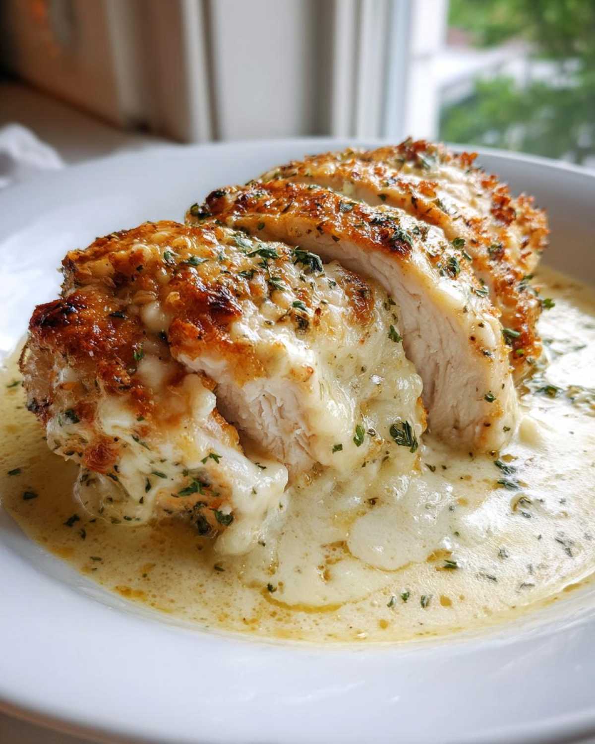 Close-up of sliced Garlic parmesan chicken bake covered in melted cheese and herbs, resting in a creamy sauce.