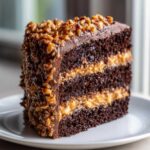 A rich, multi-layered slice of German chocolate cake recipe with coconut-pecan filling.