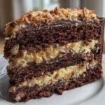 A tall, decadent slice of german chocolate cake recipe showing three layers of dark chocolate cake and coconut-pecan filling.