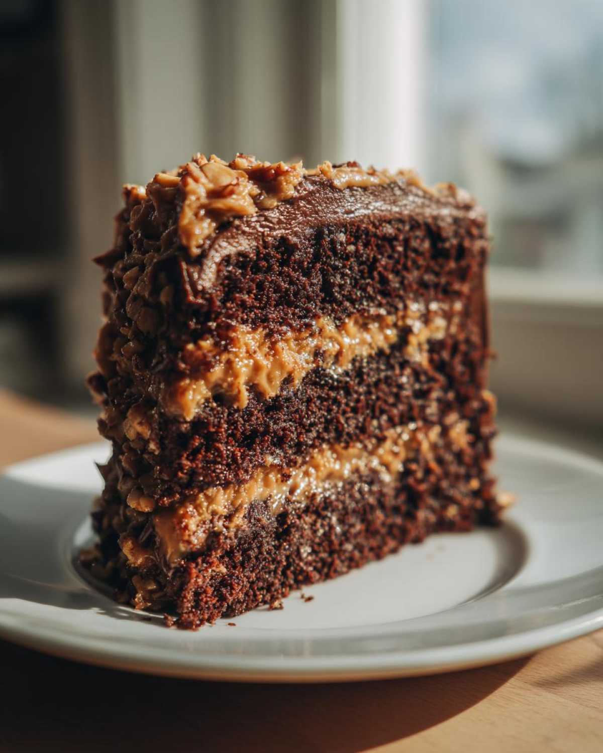 A rich, multi-layered slice of German chocolate cake recipe with coconut-pecan frosting filling.