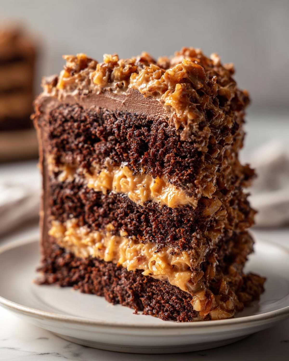A tall, decadent slice of German chocolate cake recipe showing multiple layers of dark chocolate cake and coconut-pecan frosting.