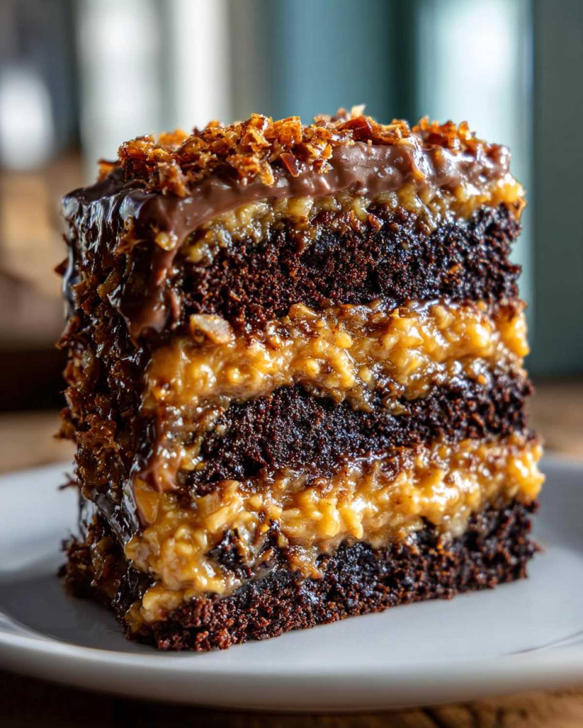 Close-up of a decadent slice of german chocolate cake recipe showing three layers of dark chocolate cake and coconut-pecan frosting.