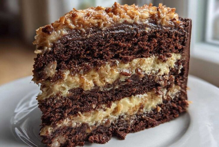 A tall, decadent slice of german chocolate cake recipe showing three layers of dark chocolate cake and coconut-pecan filling.