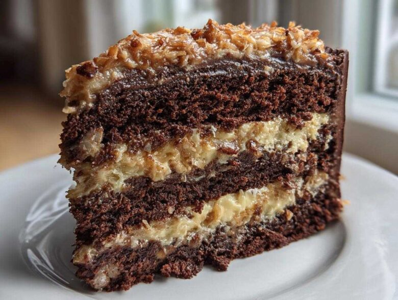 A tall, decadent slice of german chocolate cake recipe showing three layers of dark chocolate cake and coconut-pecan filling.