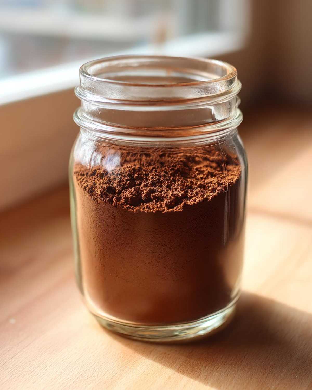 A glass jar filled with rich brown homemade hot cocoa mix sitting on a light wooden surface.