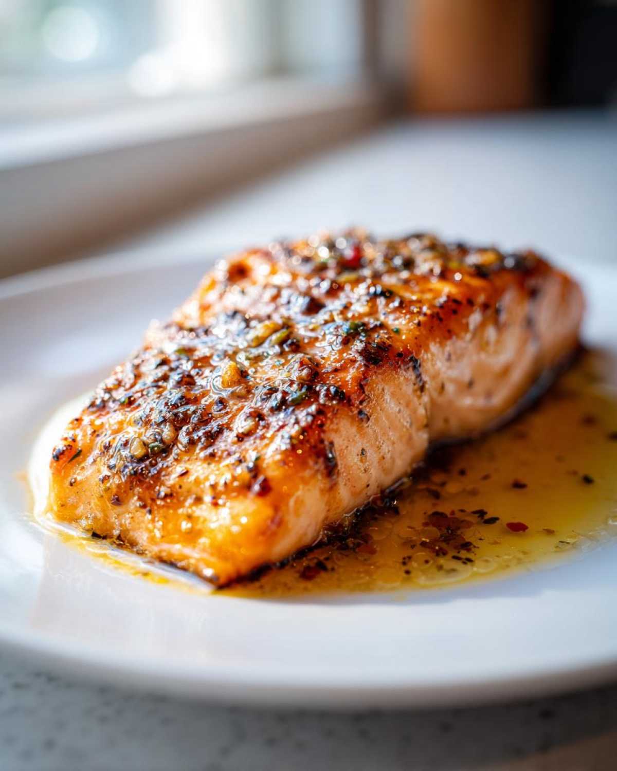 Close-up of a perfectly cooked, glazed air fryer salmon fillet resting in its juices on a white plate.