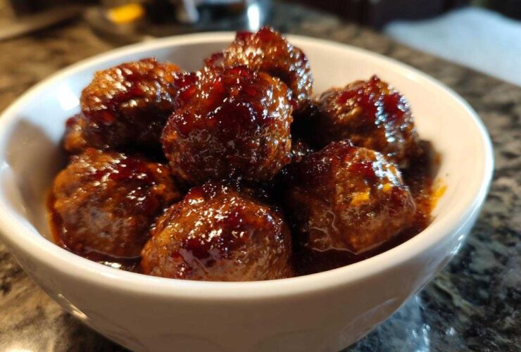Close-up of shiny, glazed Grape Jelly Meatballs piled high in a small white serving bowl.