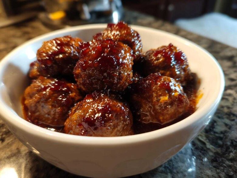 Close-up of shiny, glazed Grape Jelly Meatballs piled high in a small white serving bowl.