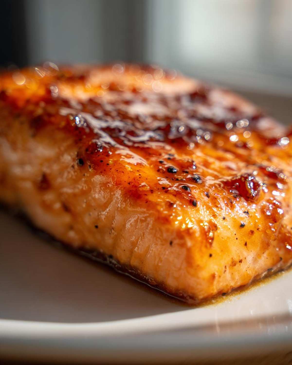 Close-up of a perfectly cooked, glazed salmon fillet with a shiny, caramelized top.