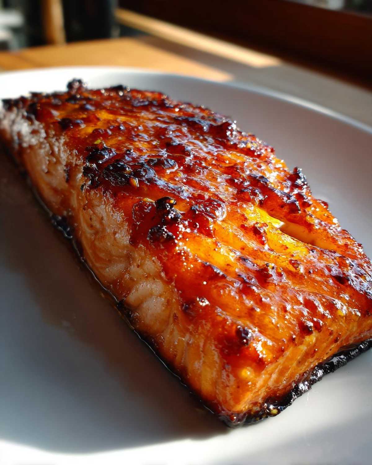 Close-up of a perfectly cooked salmon fillet with a rich, dark, caramelized glaze.