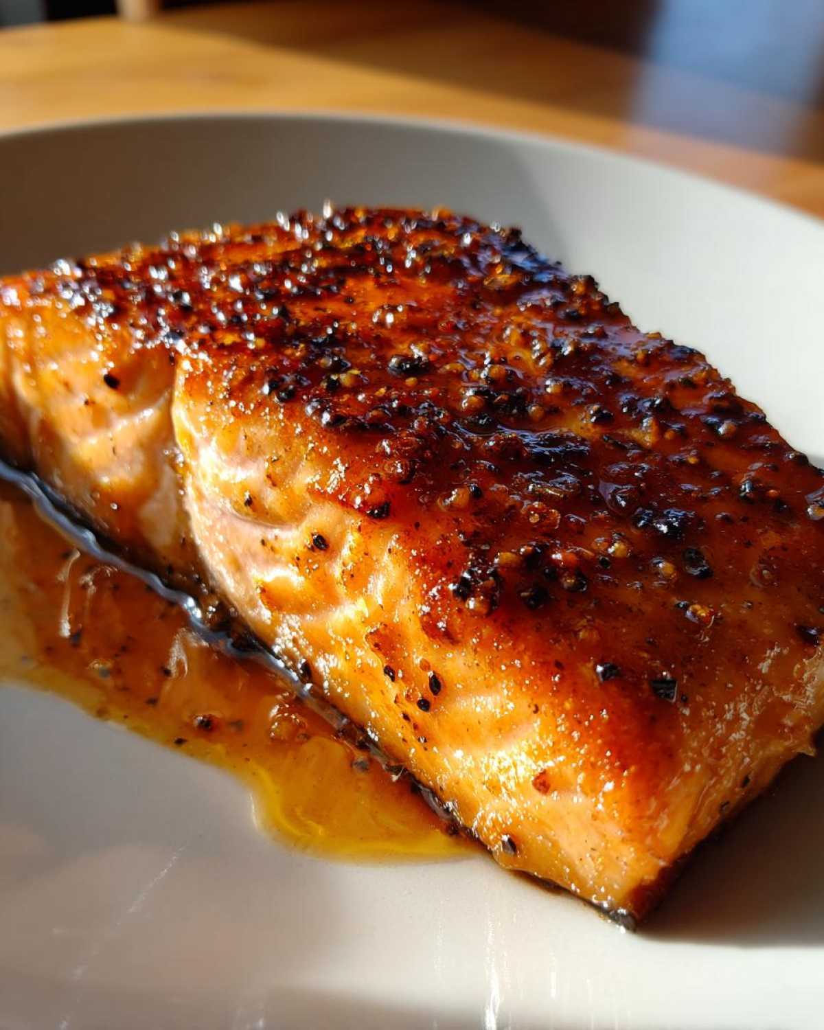 Close-up of a perfectly cooked, glazed salmon fillet topped with cracked pepper, resting in its juices.