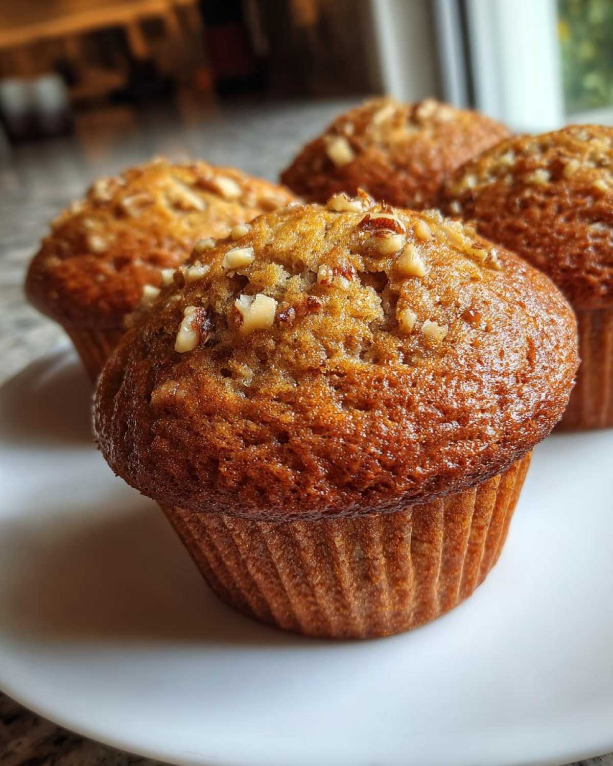 Close-up of freshly baked banana nut muffins with a golden-brown top sprinkled with chopped nuts.