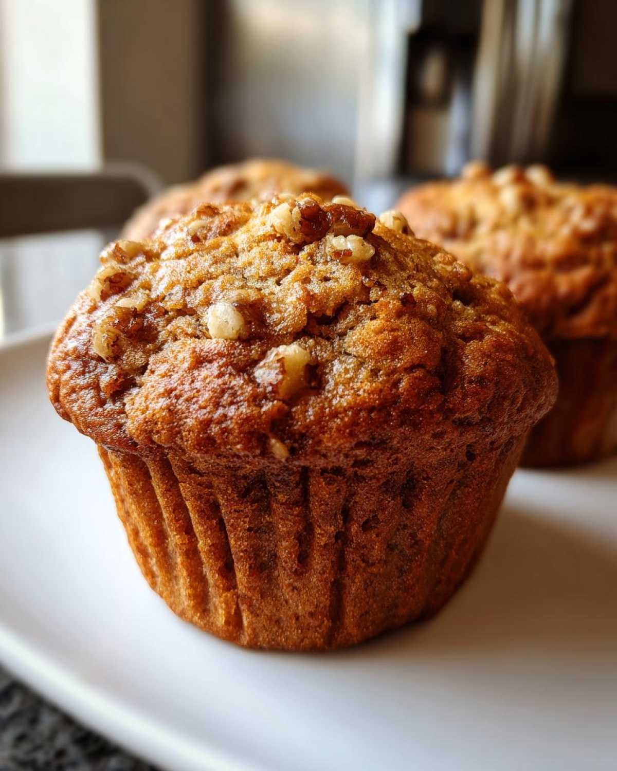 Close-up of a freshly baked banana nut muffin topped with crunchy walnuts, resting on a white plate.