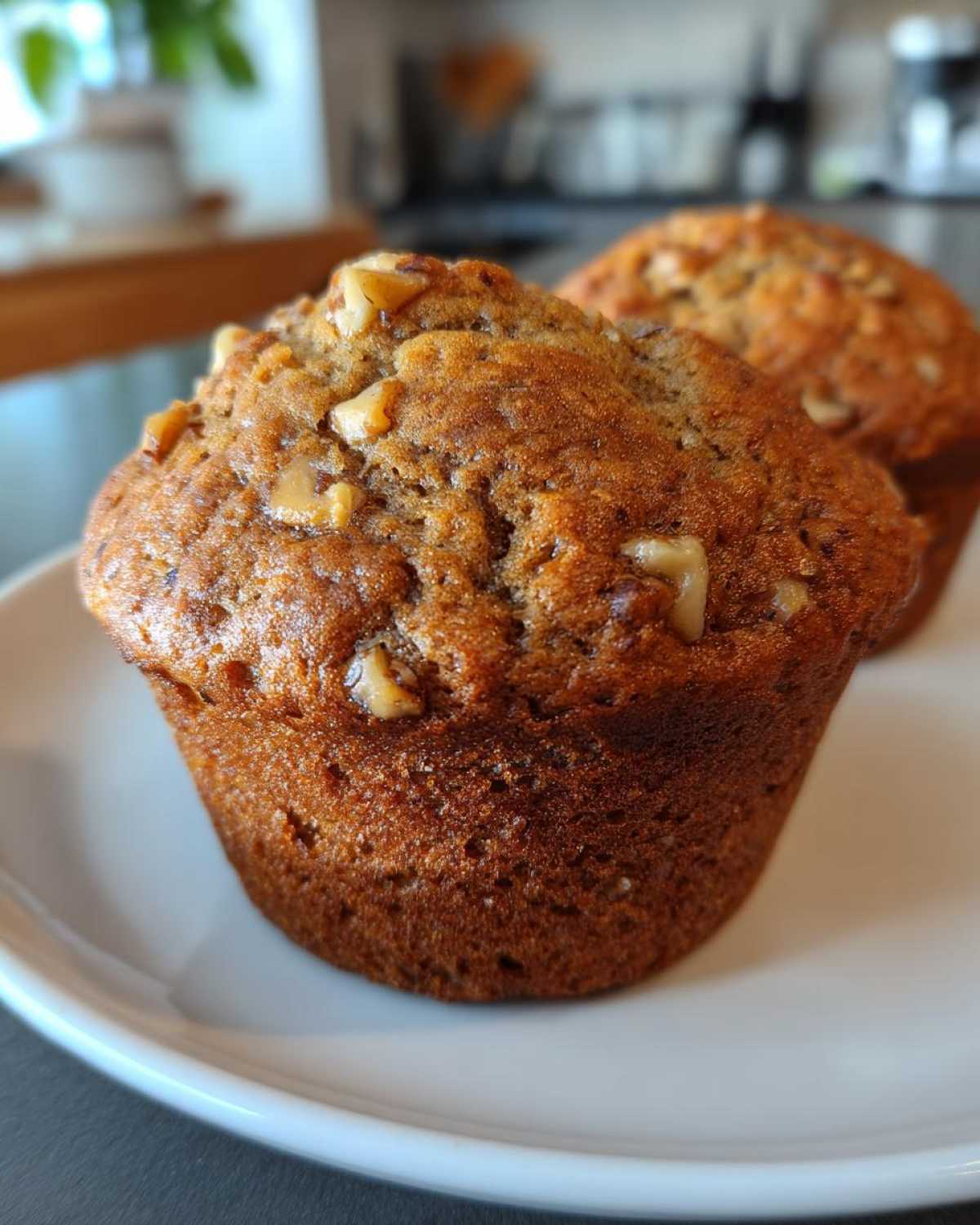Close-up shot of two golden brown banana nut muffins topped with visible walnut pieces, resting on a white plate.