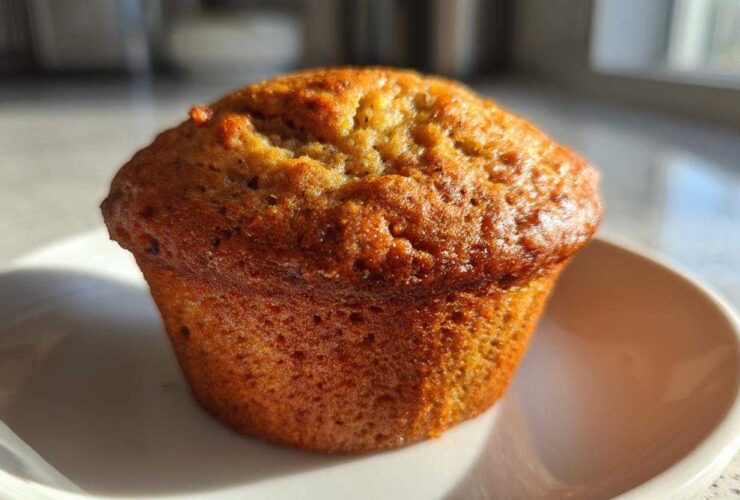 A single, golden-brown banana protein muffin sitting on a white dish, highlighted by bright sunlight.