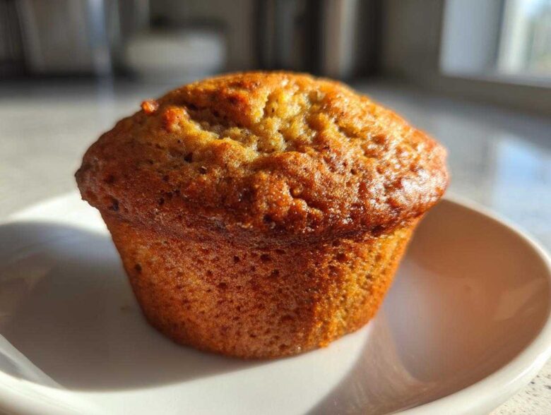 A single, golden-brown banana protein muffin sitting on a white dish, highlighted by bright sunlight.