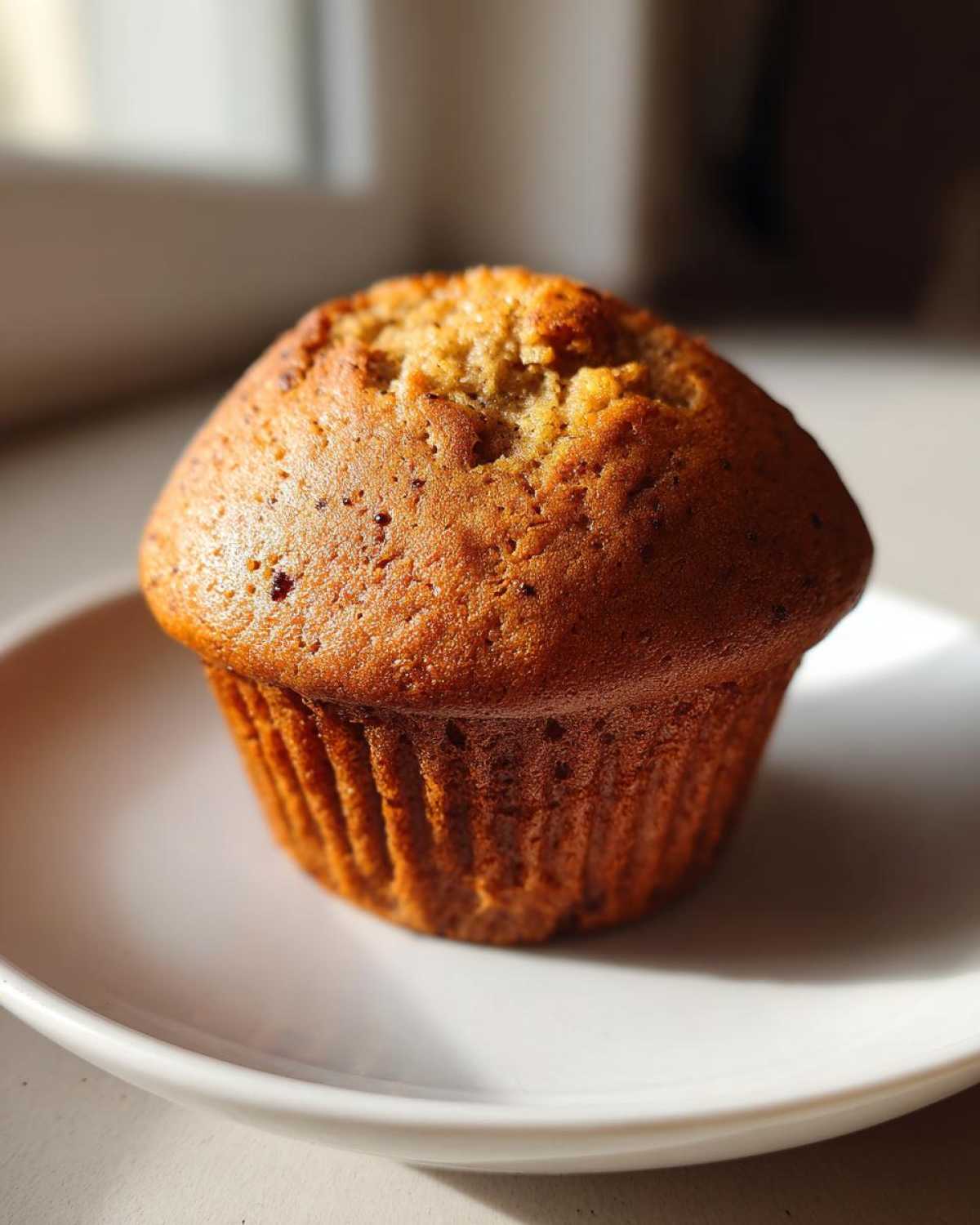 A close-up, sunlit image of a single, perfectly baked banana protein muffin sitting on a white saucer.
