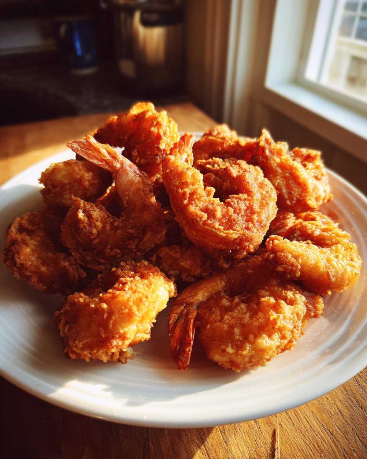 A close-up shot of a mound of perfectly golden brown, crispy fried shrimp piled high on a white plate.