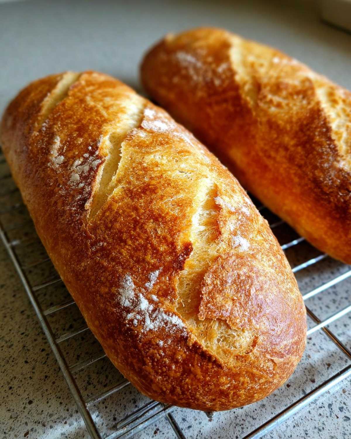 Two golden-brown loaves of homemade french bread cooling on a wire rack with a light dusting of flour.