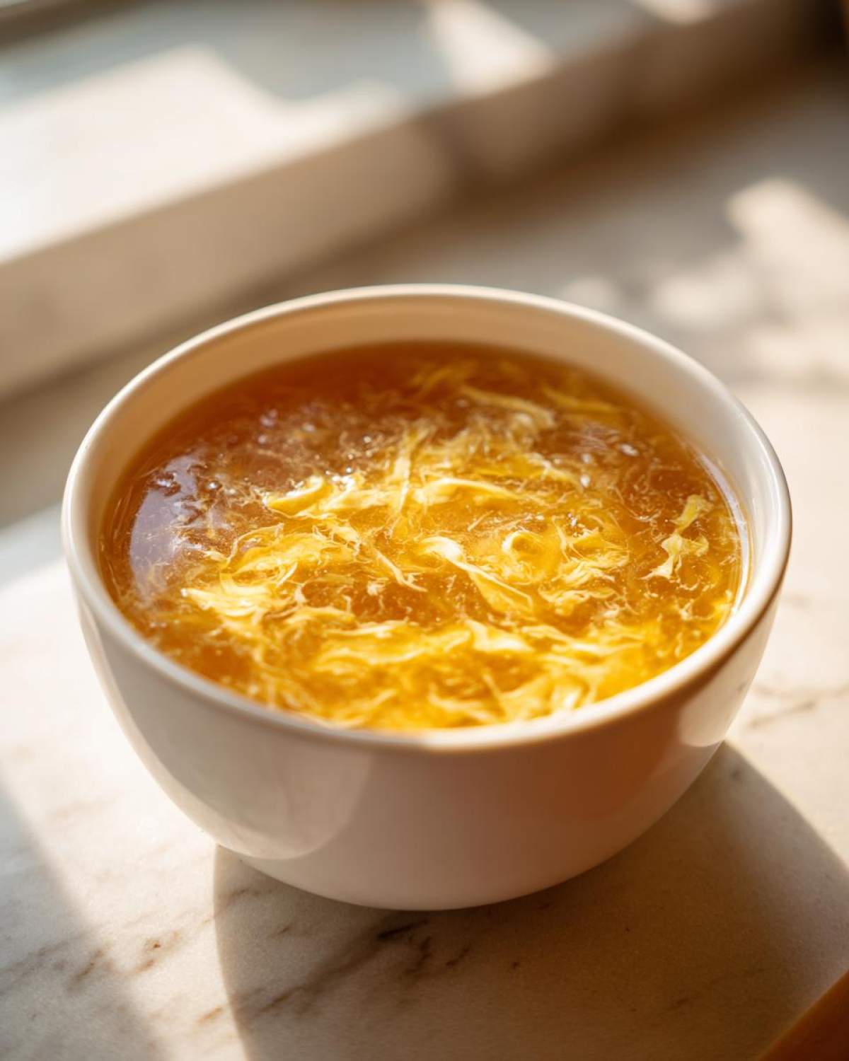 A close-up shot of a white bowl filled with golden, savory egg drop soup, featuring delicate wisps of cooked egg.