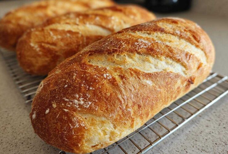 Close-up of a golden-brown, crusty loaf of french bread cooling on a wire rack.