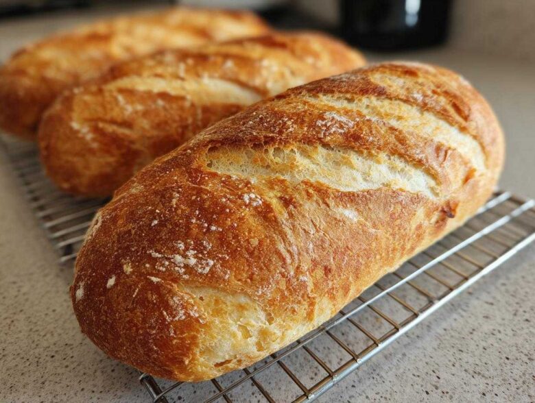 Close-up of a golden-brown, crusty loaf of french bread cooling on a wire rack.