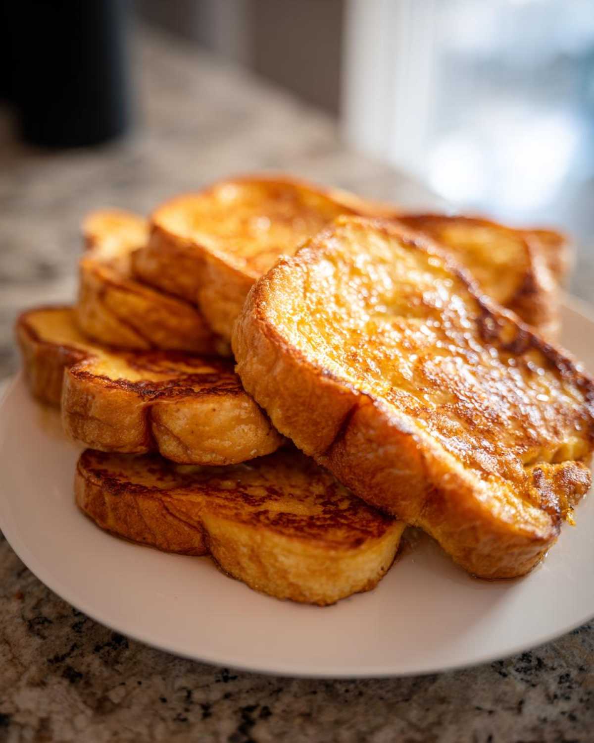 A close-up stack of thick, golden brown french toast slices piled high on a white plate.