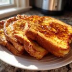 A stack of perfectly cooked, golden brown french toast slices sprinkled with sugar, sitting on a white plate.