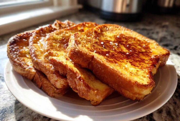 A stack of perfectly cooked, golden brown french toast slices sprinkled with sugar, sitting on a white plate.