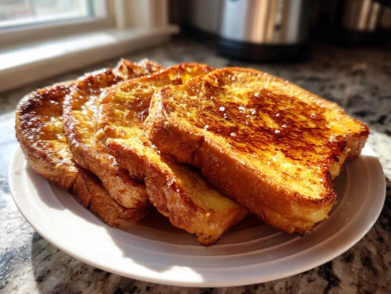 A stack of perfectly cooked, golden brown french toast slices sprinkled with sugar, sitting on a white plate.