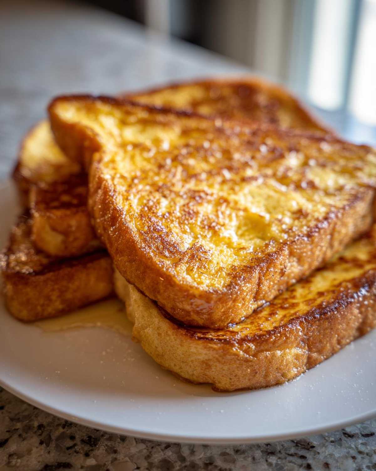 Close-up of a stack of golden brown french toast drizzled with syrup on a white plate.