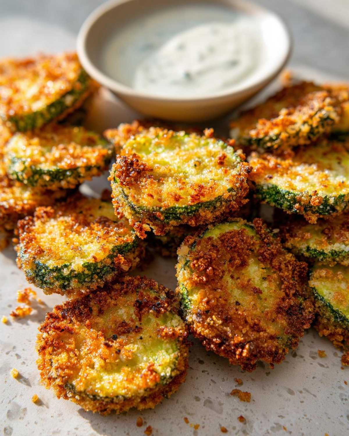 Close-up of golden, crispy fried pickles slices piled high next to a small bowl of creamy dipping sauce.