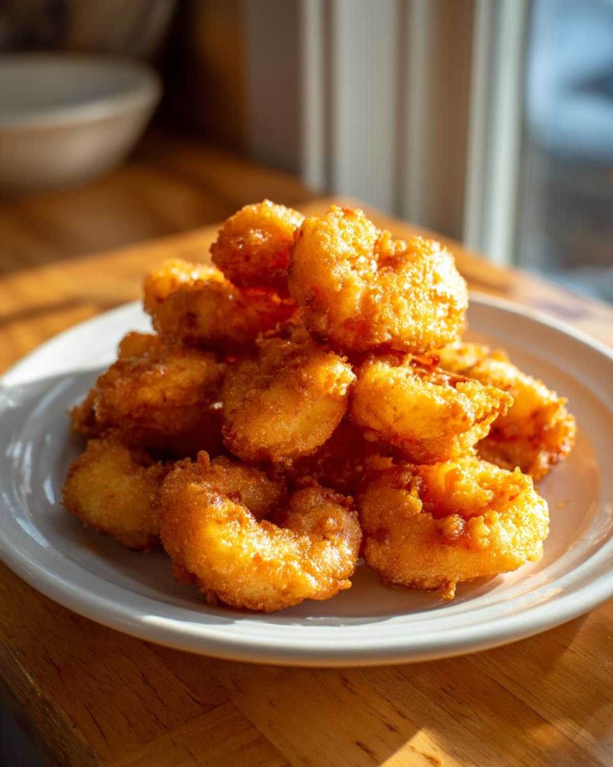 A stack of perfectly golden and crispy fried shrimp piled high on a white plate.