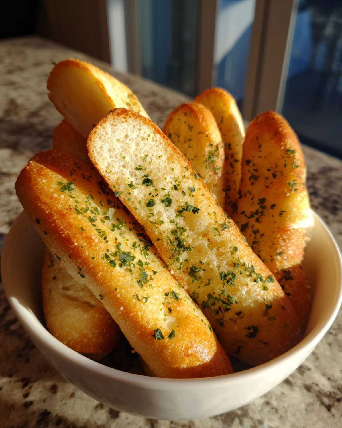 Close-up of freshly baked, golden breadsticks sprinkled with parsley, served upright in a white bowl.