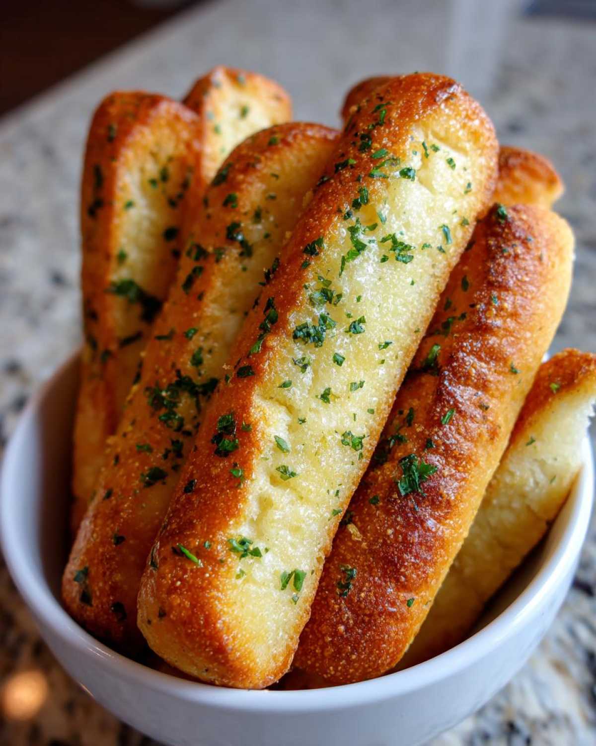 A close-up of freshly baked, golden brown breadsticks seasoned with garlic butter and sprinkled with green parsley.