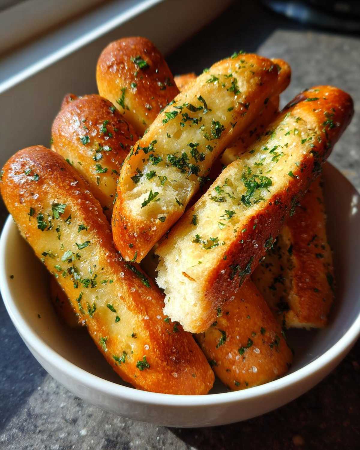 Close-up of golden brown, fluffy homemade breadsticks topped with melted butter, fresh parsley, and coarse salt.