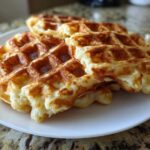 A close-up of several golden-brown high protein waffles stacked on a white plate.