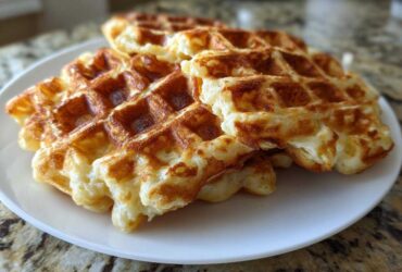 A close-up of several golden-brown high protein waffles stacked on a white plate.