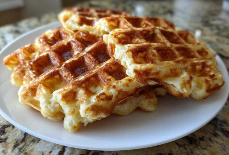 A close-up of several golden-brown high protein waffles stacked on a white plate.