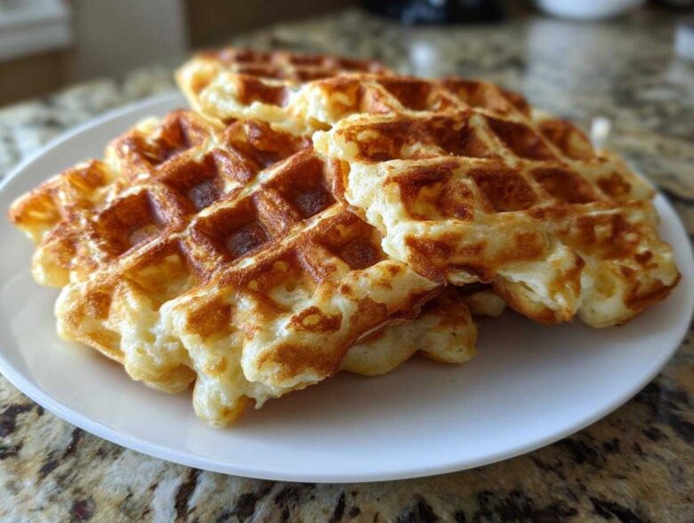 A close-up of several golden-brown high protein waffles stacked on a white plate.