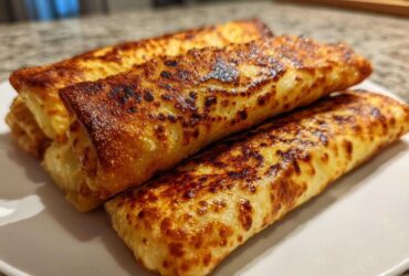 Close-up of several golden brown, pan-fried egg roll wrappers stacked on a white plate.