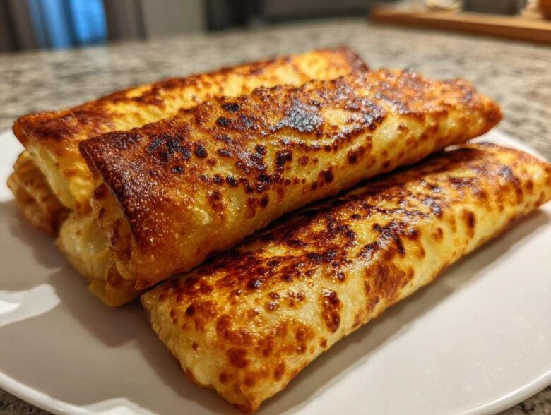 Close-up of several golden brown, pan-fried egg roll wrappers stacked on a white plate.