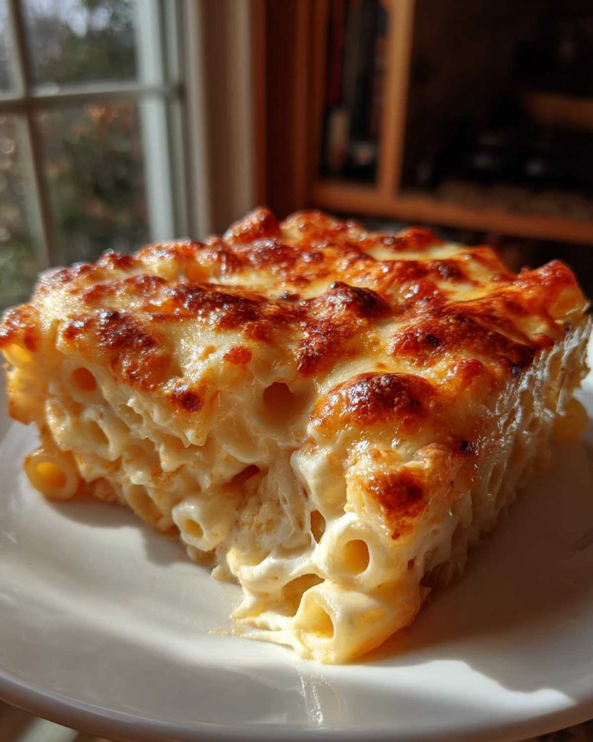 Close-up of a square slice of creamy pasta bake with a deeply browned, bubbly cheese crust.