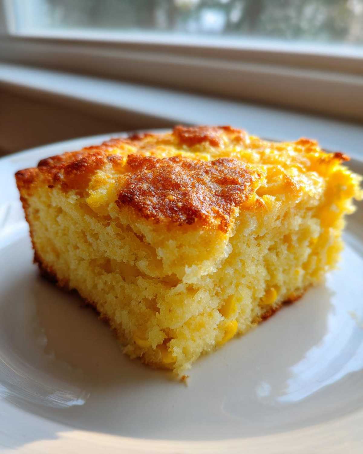 A close-up of a golden, fluffy slice of cornbread casserole with visible corn kernels on a white plate.